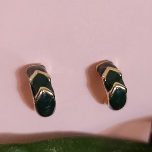 Green and gold tone half hoop earrings